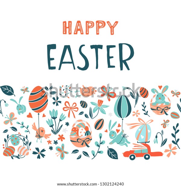 Funny Happy Easter greeting card background with\
rabbit, egg balloons, bunny, chicks and flowers, easter basket,\
children\'s game easter eggs hunt . Vector Illustration kids cartoon\
style design.