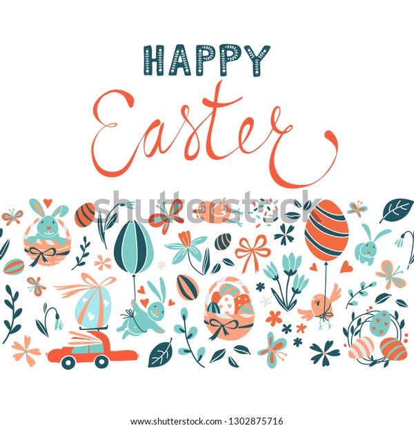 Funny Happy Easter greeting card background with
rabbit, egg balloons, bunny, chicks and flowers, easter basket,
children's game easter eggs hunt . Vector Illustration kids cartoon
style design.