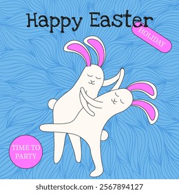 Funny Happy Easter greeting poster cover template. Perfect vibrant juicy color Happy Easter brochure. Weird flat Easter Bunny dancing on abstract background. Vector illustration for invitation cover	