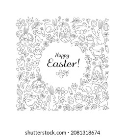 Funny Happy Easter pattern background greeting card with rabbit, bunny, chicks and flowers, basket, easter eggs hunt . Vector Illustration doodle kids style design.