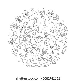 Funny Happy Easter pattern background greeting card with rabbit, bunny, chicks and flowers, basket, easter eggs hunt . Vector Illustration doodle kids style design.