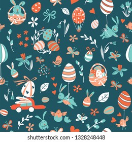 Funny Happy Easter seamless pattern background greeting card with rabbit, bunny, chicks and flowers, basket, easter eggs hunt . Vector Illustration doodle kids style design.