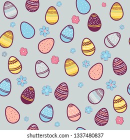 Funny Happy Easter seamless pattern background greeting card with eggs, flowers. Vector Illustration doodle kids style design. for wallpaper, gift paper, web page background, spring greeting cards