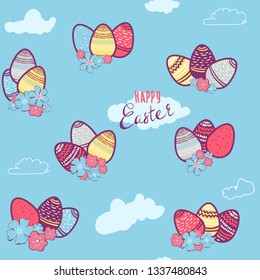 Funny Happy Easter seamless pattern background greeting card with eggs, flowers. Vector Illustration doodle kids style design. for wallpaper, gift paper, web page background, spring greeting cards