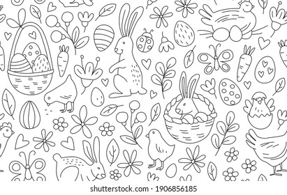 Funny Happy Easter patrón impecable tarjeta de bienvenida de fondo con conejo, conejo, pollitos y flores, canasta, caza de huevos de Pascua . Diseño de estilo de niños con doodle de vector Illustration.