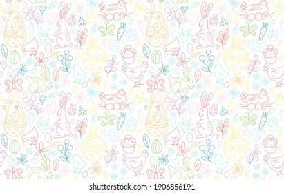 Funny Happy Easter seamless pattern background greeting card with rabbit, bunny, chicks and flowers, basket, easter eggs hunt . Vector Illustration doodle kids style design.
