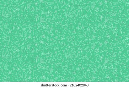 Funny Happy Easter seamless pattern background greeting card with rabbit, bunny, chicks and flowers, basket, easter eggs hunt . Vector Illustration doodle kids style design.