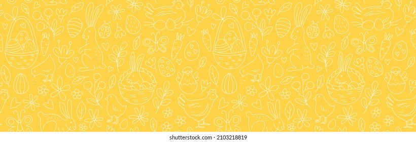 Funny Happy Easter patrón impecable tarjeta de bienvenida de fondo con conejo, conejo, pollitos y flores, canasta, caza de huevos de Pascua . Diseño de estilo de niños con doodle de vector Illustration.