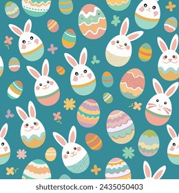 Funny Happy Easter seamless pattern background greeting card with rabbit, bunny and eggs, Easter eggs hunt . Vector Illustration cute clipart kids style design.