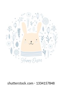 Funny Happy Easter Vector Illustration. Cute Simling Bunny Between Blue Flowers Isolated on a White Background. Lovely Easter Vector Card.Pastel Color Infantile Nursery Art with Rabbit and Blue Garden