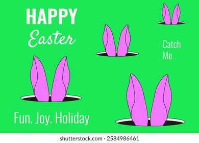 Funny Happy Easter vector illustration banner template design. Playful Easter Bunny and holiday text. Perfect Easter background poster greeting card cover. EPS 10