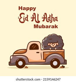 funny happy eid al adha greeting with illustration of sheep riding a pickup truck