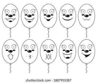 Funny and happy face balloons. Outline balloons with faces and smiles. Vector illustrations on white background.