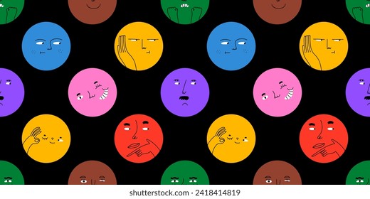 Funny happy face circle cartoon seamless pattern. Diverse mood reaction doodle background in hand drawn style. Fun children character texture print, friendly emotion sticker wallpaper.