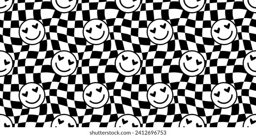 Funny happy face in love cartoon seamless pattern. Retro psychedelic smile icon background texture for valentine's day or romantic concept. Trendy checkered doodle wallpaper.