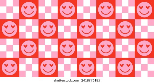 Funny happy face in love colorful cartoon seamless pattern. Retro pink smile icon background texture for valentine's day or romantic concept. Trendy checkered doodle wallpaper.