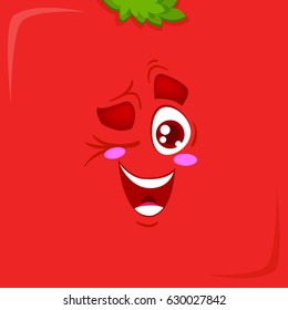 Funny and happy face of tomato on red background with green hair. 