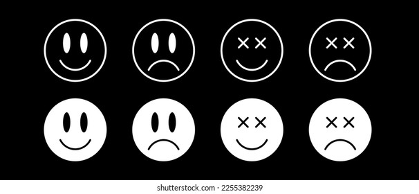 Funny happy faces vector icon set. Cartoon smiling face symbol. Emoji print for t-shirt, poster design