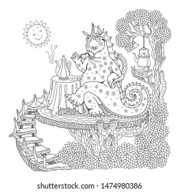 Funny happy fairy tale dragon drinking coffee at the table in the morning. Linear black and white doodle sketch. Tee-shirt print, adults coloring book page, poster, book cover