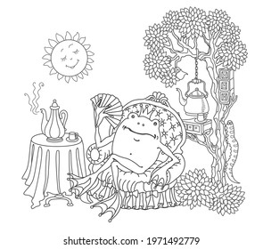 Funny happy fairy tale frog in arm-chair drinking coffee at the table. Linear black and white doodle sketch. Tee-shirt print, adults coloring book page, poster, street café menu cover
