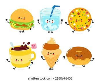 Funny happy fast food bundle set. Vector hand drawn cartoon kawaii character illustration. Isolated white background. Cute sandwich, glass of water, pizza, cup of tea, ice cream, chocolate donut