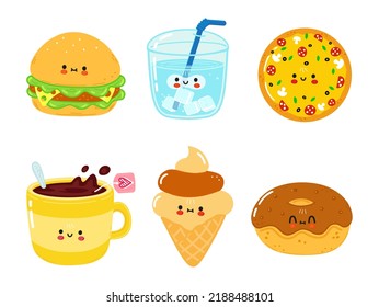 Funny happy fast food bundle set. Vector hand drawn cartoon kawaii character illustration. Isolated white background. Cute sandwich, glass of water, pizza, cup of tea, ice cream, chocolate donut