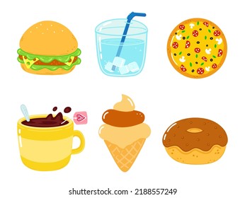 Divertido paquete de comida rápida feliz. Dibujo a mano vectorial en la ilustración del personaje kawaii. Fondo blanco aislado. Sándwich de café, vaso de agua, pizza, taza de té, helado, donut de chocolate