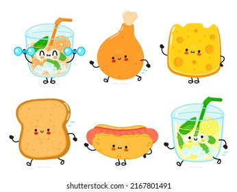 Funny happy fast food characters set. Vector hand drawn cartoon kawaii character illustration. Isolated white background. Cute happy lemonade, chicken's leg, cheese, toast, bread, hot dog, juice