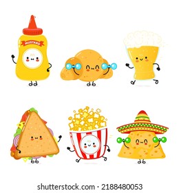 Funny happy fast food characters set. Vector hand drawn cartoon kawaii character illustration. Isolated white background. Cute happy mustard, croissant, beer, sandwich, popcorn, nachos