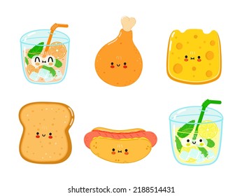 Funny happy fast food characters set. Vector hand drawn cartoon kawaii character illustration. Isolated white background. Cute happy lemonade, chicken's leg, cheese, toast, bread, hot dog, juice