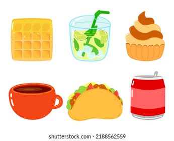 Funny happy fast food characters set. Vector hand drawn cartoon kawaii character illustration. Isolated white background. Cute happy wafer, mojito, cake, coffee cup, coffee cup, can of cola