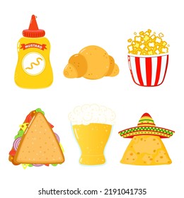 Funny happy fast food characters set. Vector hand drawn cartoon kawaii character illustration. Isolated white background. Cute happy mustard, croissant, beer, sandwich, popcorn, nachos