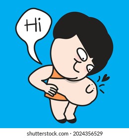 Funny Happy Fat Girl Saying Hi To Her Big Tummy While Laying Head On It Concept Card Character illustration
