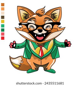 Funny and happy Fox mascot wearing colorful office suit vector illustration logo on white background. 