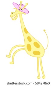 Funny happy galloping giraffe in a pink hat. Scalable vector illustration.
