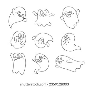 Funny happy ghosts. Coloring Page. Flying phantoms. Halloween scary monsters. Cute cartoon spooky characters. Vector drawing. Collection of design elements.