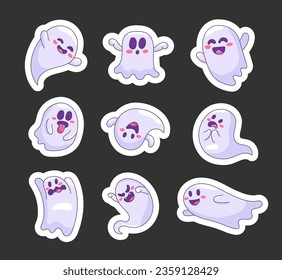 Funny happy ghosts. Sticker Bookmark. Flying phantoms. Halloween scary monsters. Cute cartoon spooky characters. Vector drawing. Collection of design elements.