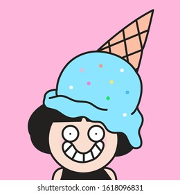 Funny Happy Girl With Melting Ice Cream Cone Hat On Her Head. Spring Summer Treats Concept Card Character illustration