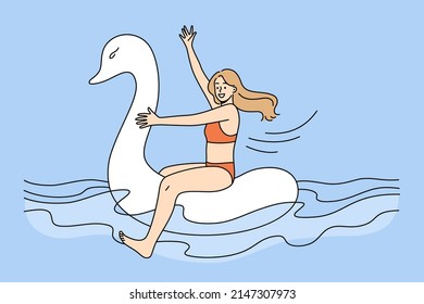 Funny happy girl in swimsuit floating on rubber swan in sea on summer vacation. Smiling young woman in bikini have fun swimming on inflatable ring on holidays. Vector illustration. 