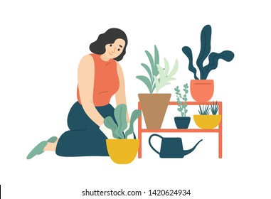 Funny happy girl taking care of houseplants growing in planters. Young cute woman cultivating potted plants at home. Female character enjoying her hobby. Flat cartoon colorful vector illustration.