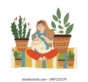 Funny happy girl taking care of houseplants and domestic pets. Young cute woman cultivating potted plants at home, flat vector illustration isolated on white background.