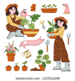 Funny happy girl taking care of houseplants growing in planters.