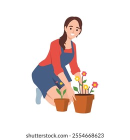 Funny happy girl taking care of houseplants growing in planters. Flat vector illustration isolated on white background