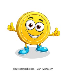 Funny and happy gold coin, cartoon character mascot with eyes and smile. Very emotional and successful coin, say okay with hand