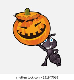 Funny Happy Halloween background with an ant holding a smiling pumpkin on abstract background.