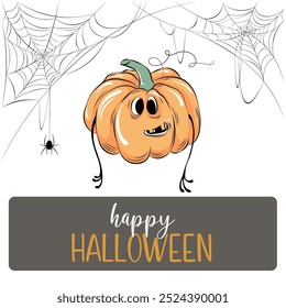 Funny Happy Halloween Banner Vector Pumpkin Spider Web