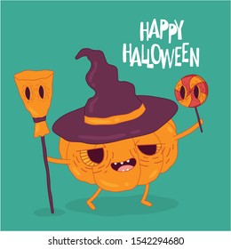 Funny Happy Halloween card. Cute pumpkin on a broomstick with a candy. Use for card, poster, banner, web design and print on t-shirt. Easy to edit. Vector illustration.
