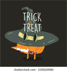 Funny Happy Halloween card. Vector illustration. Type of pumpkin set. Use for card, poster, banner, web design and print on t-shirt. Easy to edit.