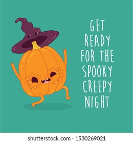 Funny Happy Halloween card. Vector illustration. Pumpkin in the witch hat. Use for card, poster, banner, web design and print on t-shirt. Easy to edit.