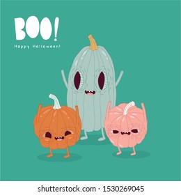 Funny Happy Halloween card. Vector illustration. Blue, orange and pink pumpkins in the mood. Use for card, poster, banner, web design and print on 
t-shirt. Easy to edit.